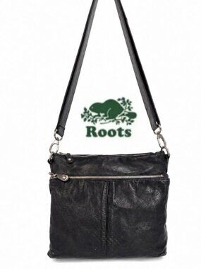 Roots Black Leather Crossbody Bag with Silver Hardware